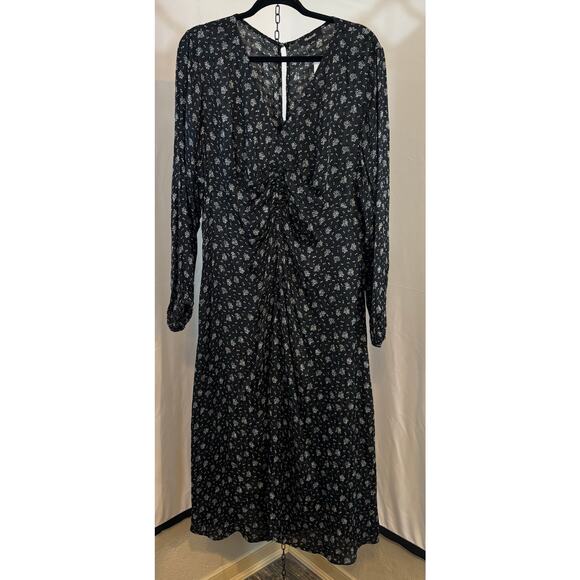 NWT Madewell Black White Floral Maxi Dress 12 Long Sleeve Ruched Boho Romantic - Picture 3 of 16